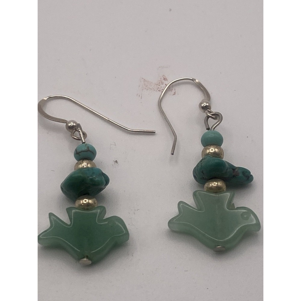 Handcrafted Artisan Dangle Green Stone Birds With Turquoise Chips